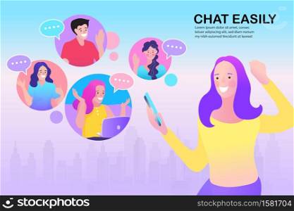 llustration of people at video conference on smartphone. Woman and man having video call meeting with clients at home. Chatting Using Smartphone for Website or Web Page. Vector