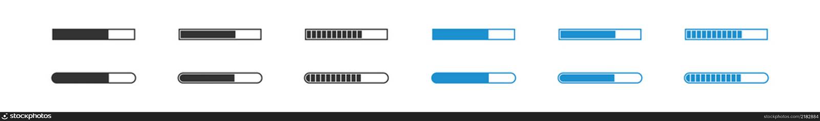 Load bar set. Loading download progress isolated black and blue icons. Vector graphic.