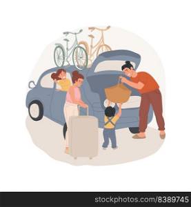 Load car isolated cartoon vector illustration. Family members loading bags in a car, bikes on the rooftop, go c&ing together, children helping parents, going on holiday vector cartoon.. Load car isolated cartoon vector illustration.