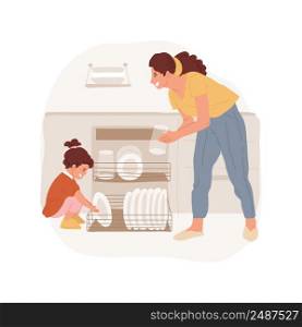 Load the dishwasher isolated cartoon vector illustration. Kid helping mom in the kitchen, loading dishwasher together, family daily routine, cleaning dishes, engage in housework vector cartoon.. Load the dishwasher isolated cartoon vector illustration.