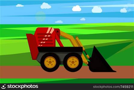 Loader agriculture and farming machine on field vector. Automobile for farm job, bulldozer industry machinery. Industrial equipments for farm working. Loader Agriculture and Farming Vector Illustration