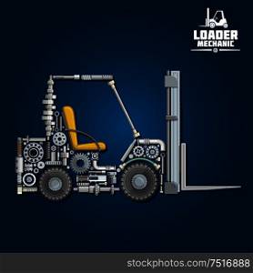Loader mechanics symbol with forklift truck, composed of fork arms, wheels, seat, gears, ball bearings, hydraulic system parts, lifting chain, pressure hoses, crankshaft, axles, mast and carriage. Transportation design usage. Forklift truck silhouette, composed of details