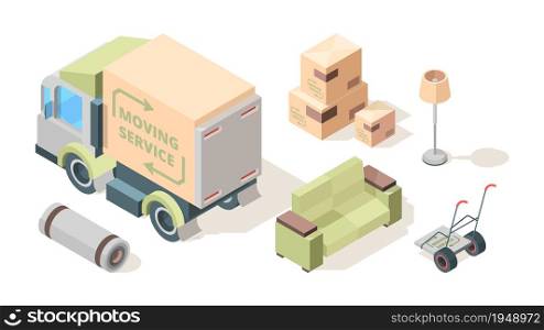 Loader service. Commercial company loaders moving and transporting furniture vehicle truck service people vector isometric set. Illustration shipping professional to relocation. Loader service. Commercial company loaders moving and transporting furniture vehicle truck service people vector isometric set