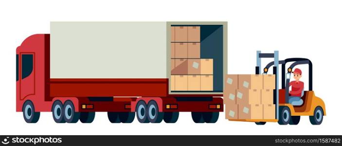 Loader unloads cargo from truck. Delivery service and moving concept. Logistic transportation forklift and trucks with cardboard boxes. Warehouse worker moving container vector flat style illustration. Loader unloads cargo from truck. Delivery service and moving concept. Logistic transportation forklift and trucks with cardboard boxes. Warehouse worker moving container vector illustration