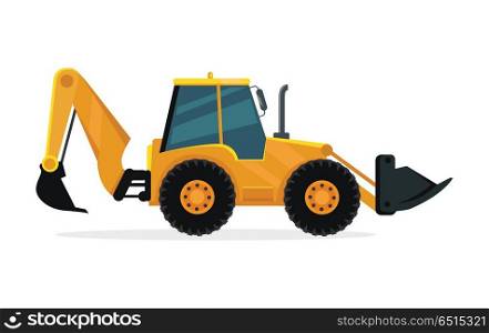 Loader vector illustration. Flat design. Heavy construction machine for earthworks. Illustration for building concepts, city works infographics, icons or web design. Isolated on white background. Loader Vector Illustration in Flat Design. Loader Vector Illustration in Flat Design