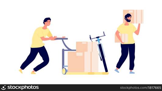 Loaders service. Men hold boxes, smart cargo transportation. Flat isolated delivery man working vector illustration. Cargo delivery, box carry by loader. Loaders service. Men hold boxes, smart cargo transportation. Flat isolated delivery man working vector illustration