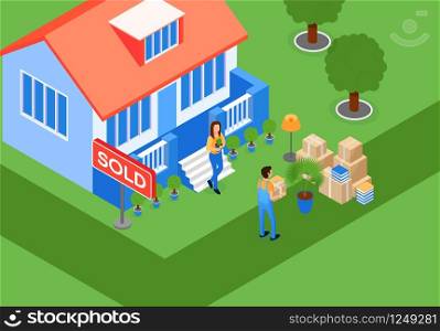 Loading and Sorting Things Vector Illustration. Girl Takes Houseplant Out House. On Lawn Near Scrap Plate with Inscription Sold. Man in Work Clothes Puts Boxes Things in One Place.. Loading and Sorting Things Vector Illustration.