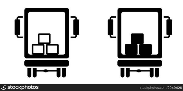 Loading and unloading. Delivery icon. unloading or loading boxes from truck. Work in logistics, shipping. Boxes of goods for import and export. Flat vector trucks pictogram. Warehouse icon