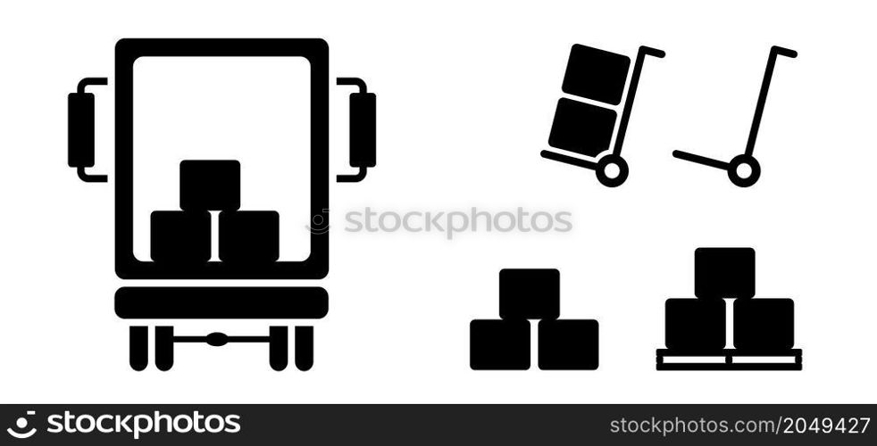 Loading and unloading. Delivery icon. unloading or loading boxes from truck. Work in logistics, shipping. Boxes of goods for import and export. Flat vector trucks pictogram. Warehouse icons. Pallet sig