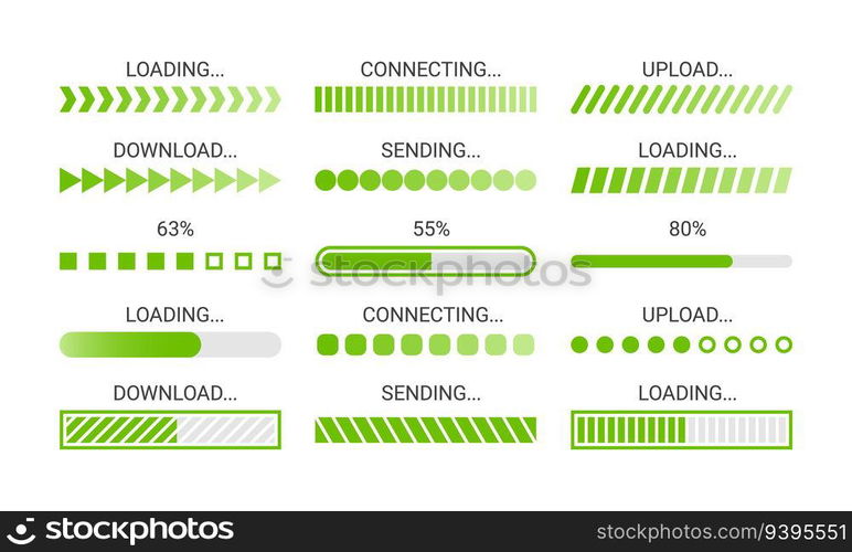 Loading bar. Green download progress loader, buffer status UI elements. Upload, download and sending speed indicators, time loading screen vector icons. Computer system refreshing, connecting. Loading bar. Green download progress loader, buffer status UI elements. Upload, download and sending speed indicators, time loading screen vector icons