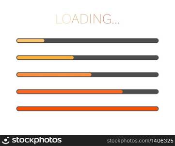 Loading bar set in orange and red colors. Modern progress bar for upload or download status. Speed illustration of digital loader. Isolated indicator design. Vector EPS 10.