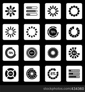 Loading bars and preloaders icons set in white squares on black background simple style vector illustration. Loading bars and preloaders icons set squares