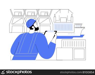 Loading cargo ship abstract concept vector illustration. Crane operator unloading goods from cargo ship, export and import business, foreign trade, transcontinental logistics abstract metaphor.. Loading cargo ship abstract concept vector illustration.