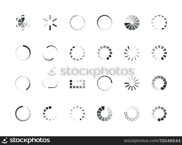 Loading circles. User interface design objects buffering process upload percent elements progress bar vector web internet icon. Loading bar download, circle status interface for website iIllustration. Loading circles. User interface design objects buffering process upload percent elements progress bar vector web internet icon