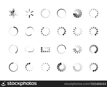 Loading circles. User interface design objects buffering process upload percent elements progress bar vector web internet icon. Loading bar download, circle status interface for website iIllustration. Loading circles. User interface design objects buffering process upload percent elements progress bar vector web internet icon