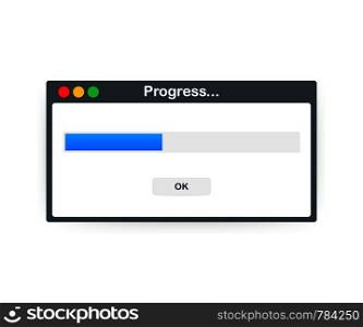 Loading data window with progress bar on white background. Vector stock illustration