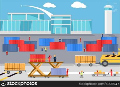 Loading freight containers cargo plane. Transportation delivery, logistic shipping, service industry, load airplane, airport terminal, import express and distribution freighter. Loader near container