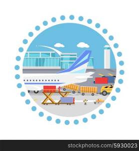 Loading freight containers in a cargo plane. Transportation and delivery, logistic shipping, service industry, load airplane, airport terminal, import express and distribution freighter. Round concept