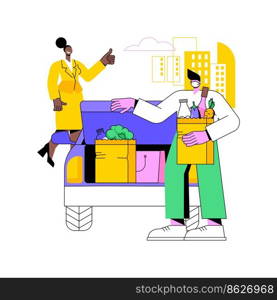 Loading groceries isolated cartoon vector illustrations. Smiling worker putting groceries into a customers car, buying takeaway food and drinks, curbside pickup service vector cartoon.. Loading groceries isolated cartoon vector illustrations.