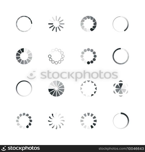 Loading icon. Web ui template loading buffering process progress bar circle rings percent internet vector icon collection. Illustration upload download circle status, interface website. Loading icon. Web ui template loading buffering process progress bar circle rings percent internet vector icon collection