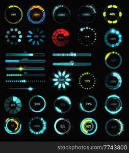 Loading process and status bar icons, HUD interface. Vector dashboard elements, Sci-Fi digital futuristic technology neon glowing ui navigation for game menu design or web site data load processing. Loading process and status bar icons HUD interface
