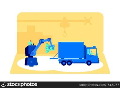 Loading product in van flat concept vector illustration. Factory production. Store truck in warehouse. Distribution process 2D cartoon illustration for web design. Industrial work creative idea. Loading product in van flat concept vector illustration