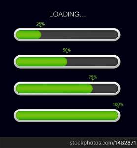 Loading progress bar. Green download icon. Glossy completion bar for ui. Scale download of time. Progress load status for website page on isolated background. Digital vector illustration