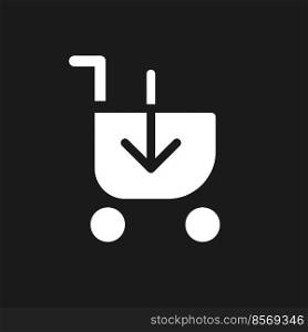 Loading shopping cart dark mode glyph ui icon. Put product in trolley. User interface design. White silhouette symbol on black space. Solid pictogram for web, mobile. Vector isolated illustration. Loading shopping cart dark mode glyph ui icon