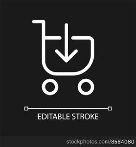 Loading shopping cart pixel perfect white linear ui icon for dark theme. Put product in trolley. Vector line pictogram. Isolated user interface symbol for night mode. Editable stroke. Arial font used. Loading shopping cart pixel perfect white linear ui icon for dark theme