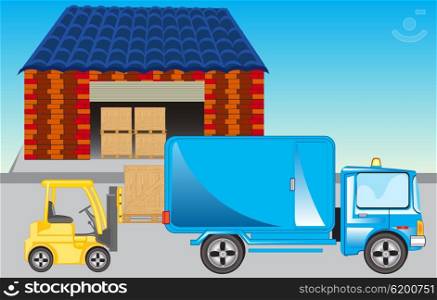 Loading the cargo car on storehouse.Vector illustration. Loading of goods on storehouse