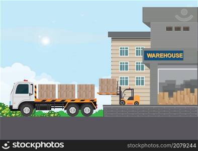 Loading the truck with packed goods at the industrial warehouse with a forklift truck, freight transportation, shipment and logistics Logistics and Delivery concept. Delivery home and office. vector illustration.