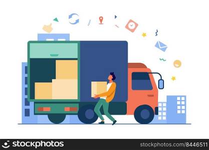 Loading workman carrying box in truck. Parcel, logistics, cardboard flat vector illustration. Delivery service and shipping concept for banner, website design or landing web page