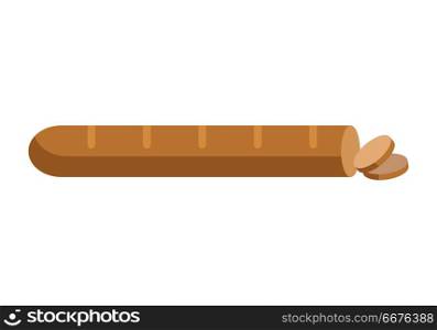 Loaf of baguette vector in flat style design. Cake or bun with sliced part for baking concepts, bakery logotypes, food and healthy nutrition illustrating. Isolated on white background. . Loaf of Bread Vector Illustration in Flat Design . Loaf of Bread Vector Illustration in Flat Design