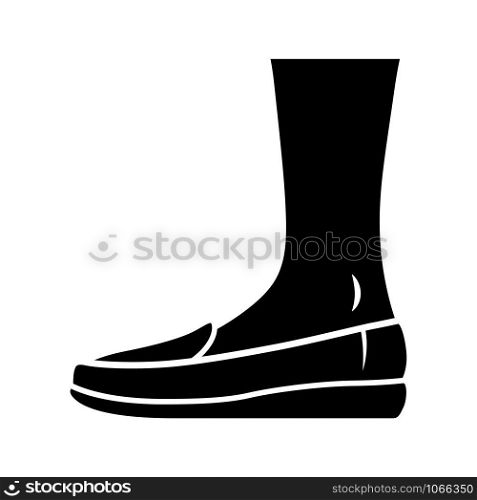 Loafers glyph icon. Women and men mocassin. Stylish formal footwear design. Unisex casual flats, modern shoes. Male and female fashion. Silhouette symbol. Negative space. Vector isolated illustration