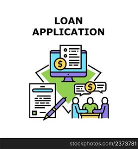 Loan Application Vector Icon Concept. Online Loan Application For Checking Client Document And Approve Credit, Signing Financial Agreement In Internet And Getting Money On Card Color Illustration. Loan Application Vector Concept Color Illustration