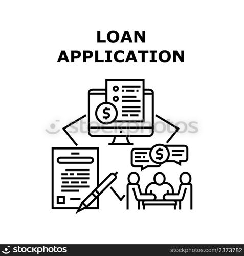 Loan Application Vector Icon Concept. Online Loan Application For Checking Client Document And Approve Credit, Signing Financial Agreement In Internet And Getting Money On Card Black Illustration. Loan Application Vector Concept Black Illustration