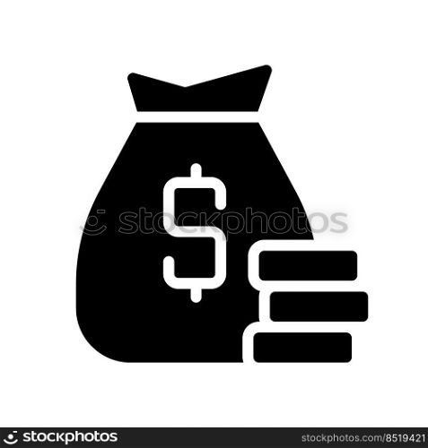 Loan black glyph icon. Bag of money. Banking and finance. Financial operations for business. Savings and investment. Silhouette symbol on white space. Solid pictogram. Vector isolated illustration. Loan black glyph icon