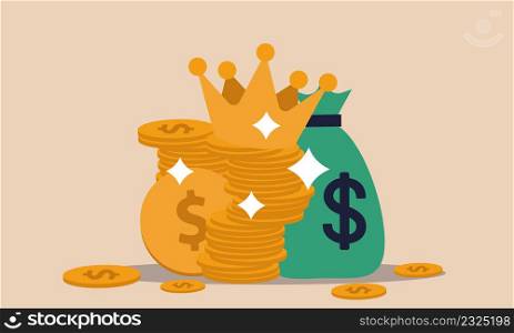 Loan budget king with crown and luxury profit dollar. Investment to economy and value wealth vector illustration concept. Capital company savings and business royal. Business gold and winner leader