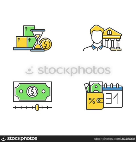 Loan color icons set. Monthly icome increase report. Personal loan. Credit manager. Investment, budget chart. Cash advance. Bank building. Credit bureau. Borrow money. Isolated vector illustrations