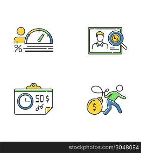 Loan color icons set. Personal creditworthiness report. Bunkrapcy risk. Credit score diagram. Paycheck, bill, tax sheet with price. Heavy credit card debt. Isolated vector illustrations