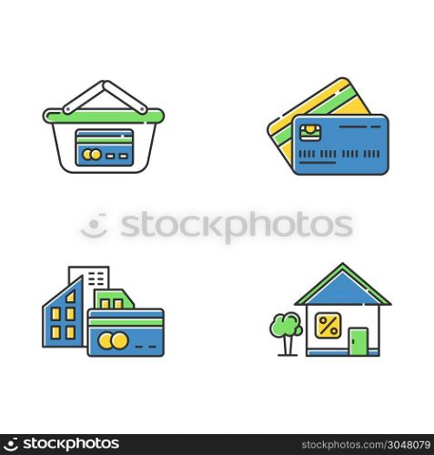 Loan color icons set. Retail, consumerism. Paying with credit card. Small business investment. Rent house. Borrow, loan money with percent rate. Supermarket basket. Isolated vector illustrations