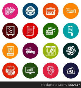 Loan credit icons set vector colorful circles isolated on white background . Loan credit icons set colorful circles vector