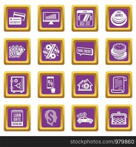 Loan credit icons set vector purple square isolated on white background . Loan credit icons set purple square vector