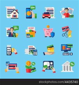 Loan Debt Flat Color Icons Set . Loan debt flat color icons set of fast credit proposal budget scheduling mortgage loan payment terminal and scissors cutting credit card isolated vector illustration