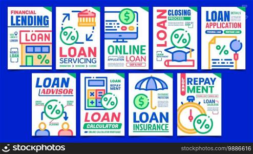 Loan Finance Creative Promotion Posters Set Vector. Loan Advisor Consultant And Calculator, Online Application And Repayment Advertising Banners. Concept Template Style Color Illustrations. Loan Finance Creative Promotion Posters Set Vector