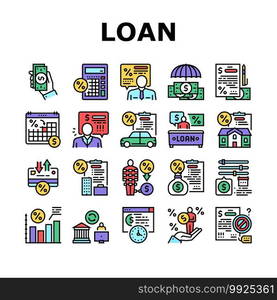 Loan Financial Credit Collection Icons Set Vector. Loan For Buy Car And House Mortgage, For Business Or Investment, Calculating Percent Concept Linear Pictograms. Contour Color Illustrations. Loan Financial Credit Collection Icons Set Vector