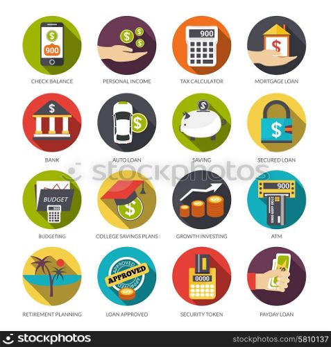 Loan flat icons set with check balance personal income tax calculator isolated vector illustration. Loan Icons Set