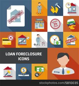 Loan foreclosure and debt crisis icon set isolated vector illustration. Loan Foreclosure Icons