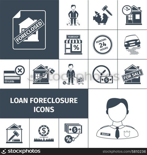 Loan foreclosure debt property sale icons black set isolated vector illustration. Loan Foreclosure Icons Black