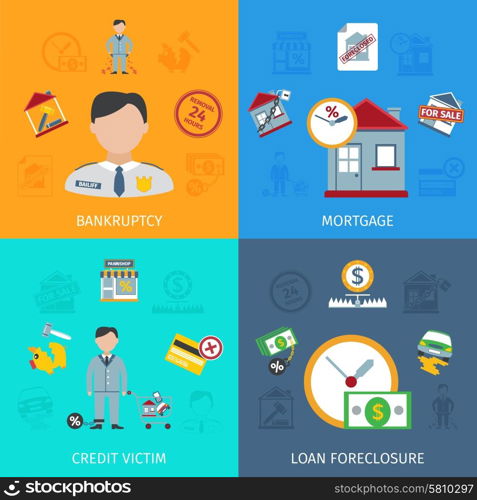 Loan foreclosure design concept set with credit victim flat icons isolated vector illustration. Loan Foreclosure Icons Set